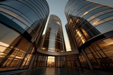 A stunning view of sleek, modern buildings with reflective glass surfaces, capturing the essence of contemporary design and architectural beauty during sunset.