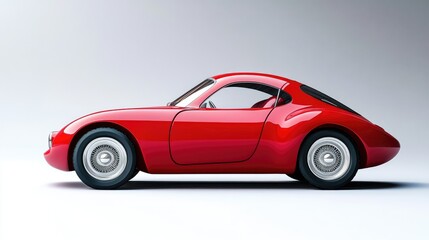 A sleek, red sports car displayed from the side, showcasing its aerodynamic design.
