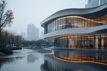 Fototapeta premium This image showcases a sleek, modern architectural design surrounded by a reflective path after rain, enveloped in a misty atmosphere of a bustling city.