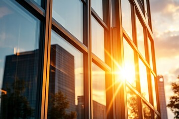 A modern glass building captures the stunning sunburst effect, showcasing the interplay of sunlight and shadow, emphasizing urban architecture's beauty amidst nature.