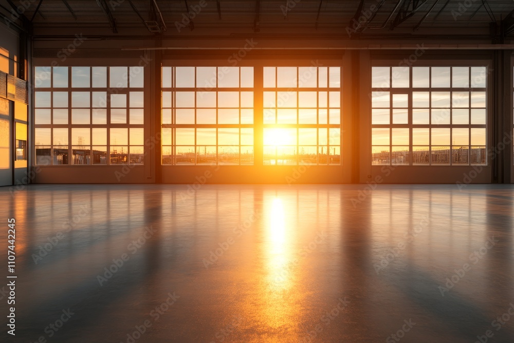 Aufkleber this captivating image shows warm light cascading into a bright modern room through large windows, c