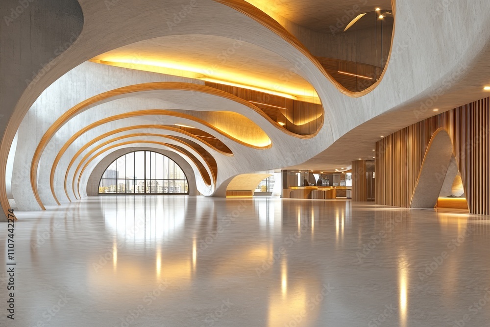 Aufkleber an imaginative and futuristic interior featuring curved lines and warm wooden elements, creating an 