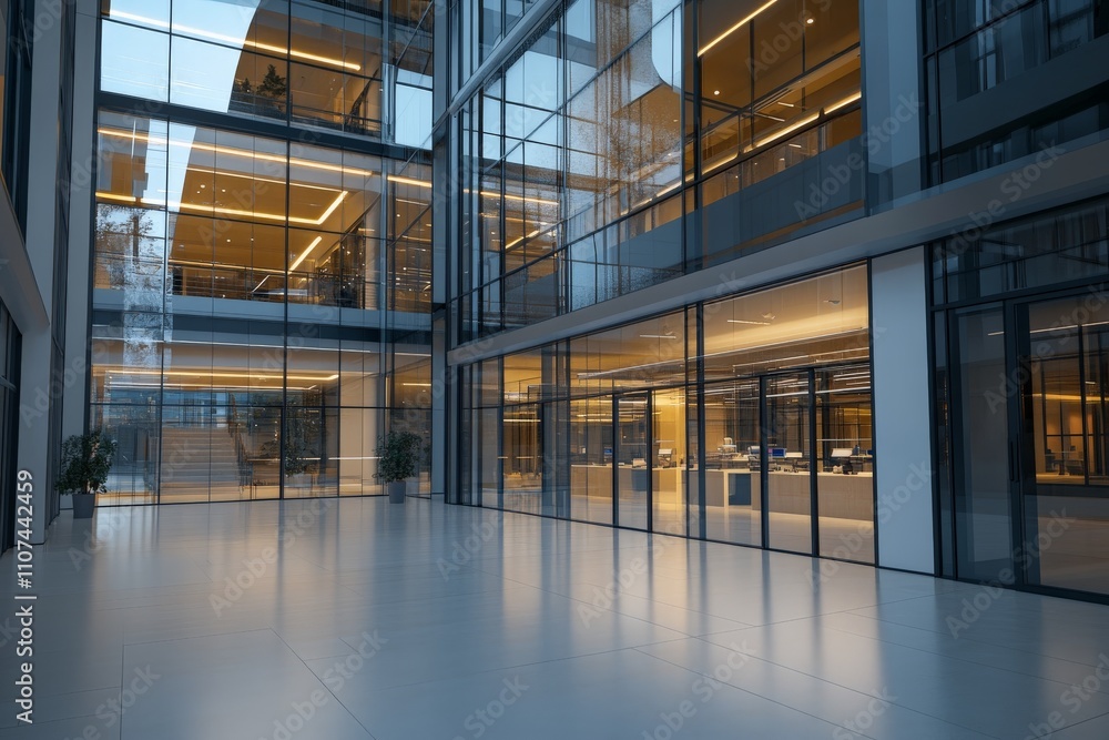 Poster this image showcases a modern atrium with an inviting warm glow emanating from its interiors, creati
