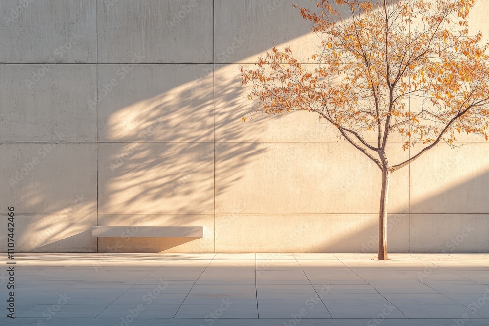 Poster a striking image of a solitary tree casting shadows on a minimalist wall, symbolizing resilience and