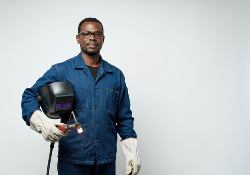 Portrait of a confident african welder holding a welding torch and protective mask, ready to work