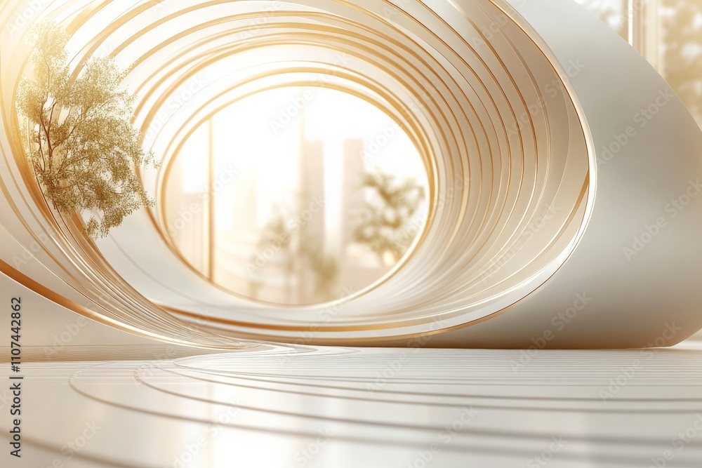 Poster an artistic interior view showcasing fluid lines and soft golden hues, creating a harmonious space t