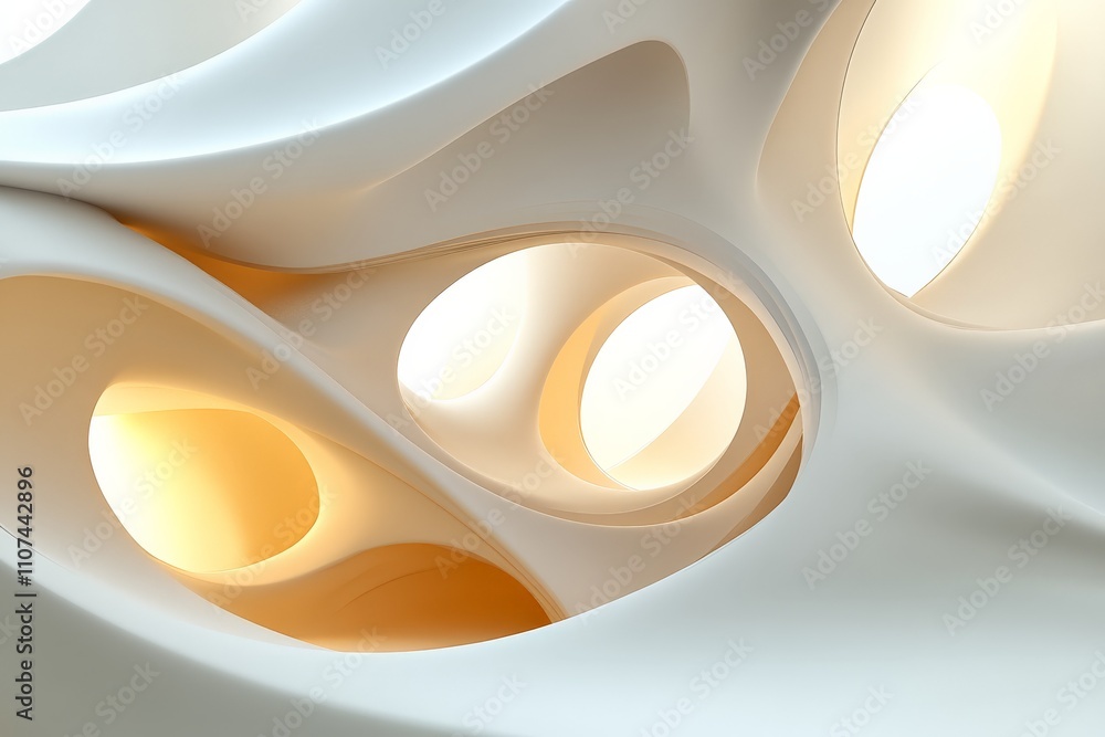 Poster an abstract interior showcasing organic design elements with soft, luminous openings that create a s