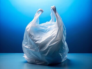 Fototapeta premium Close-up shot of a white plastic bag resting on a vibrant blue backdrop, showcasing intricate textures and details for stock image applications. Ideal for presentations.