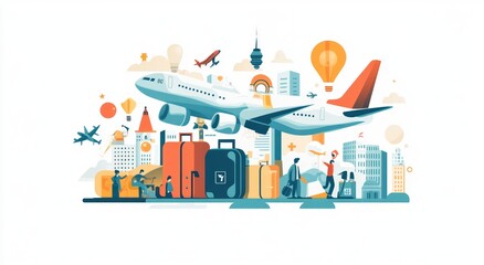 Illustration of air travel featuring an airplane, luggage, and city skyline.