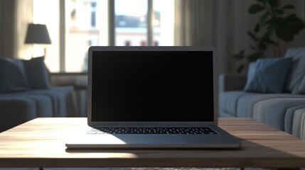 Fototapeta premium Silver laptop on wooden coffee table in sunlit living room
