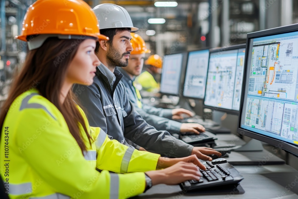 Poster industrial team working together at computers in a modern manufacturing facility with safety gear an