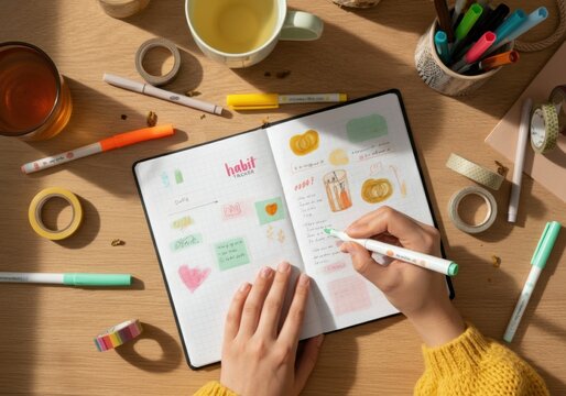Woman using colorful markers and washi tape, creating a visually appealing and organized habit tracker in her bullet journal