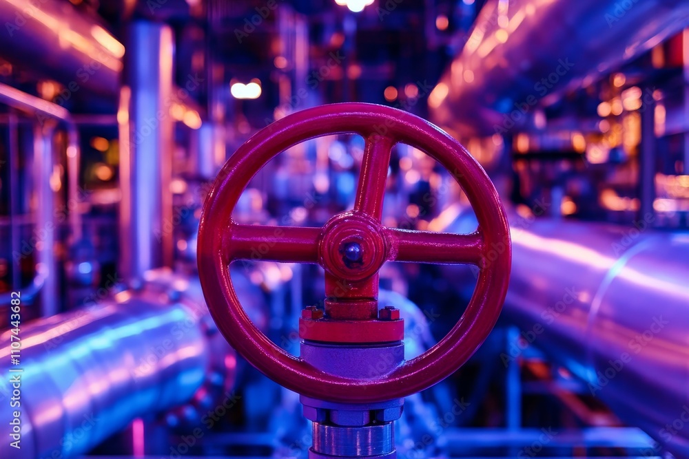 Poster industrial valve in a vibrant factory with colorful lighting showcasing complex pipelines and machin