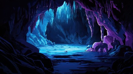A Mystical Cave Entrance with a Glowing Blue Lake