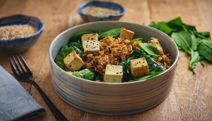 Fototapeta premium Healthy Plant-Based Meal Prep Tofu, Spinach, and Grain Medley 