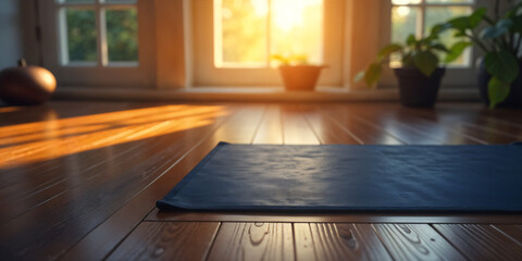 Fototapeta premium Yoga mat on the floor with shadows from window