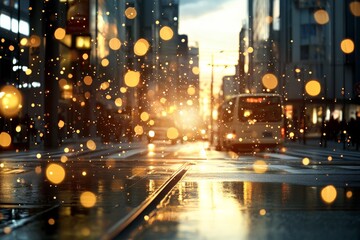 A vibrant urban scene captured at sunset showcases streets glistening with reflections, illuminated by countless light bokeh, creating a lively atmosphere of energy and movement.