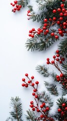 Minimalist christmas border with pine snow and red berries