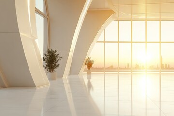 Obraz premium A contemporary interior space featuring large windows, minimalist plants, and warm sunset light, creating an inviting and peaceful environment filled with natural beauty.