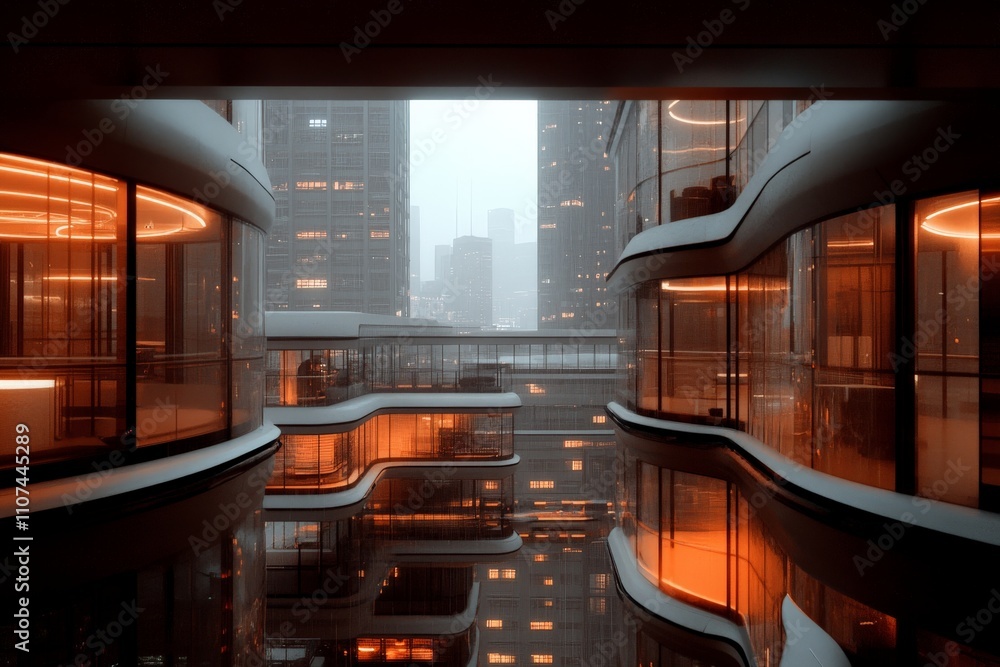 Poster this image showcases contemporary architecture illuminated by soft orange lighting, creating a visua