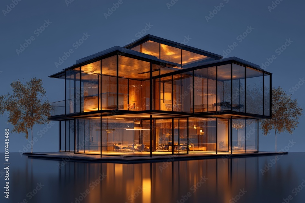 Aufkleber an architectural masterpiece featuring multiple illuminated spaces, framed by expansive glass that r