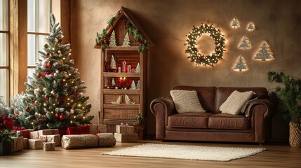 Fototapeta premium A beautifully adorned Christmas tree sparkles in the cozy corner of a warm living room, radiating festive cheer and joy.