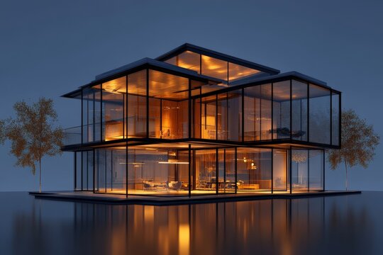 An architectural masterpiece featuring multiple illuminated spaces, framed by expansive glass that reflects the surrounding environment, celebrating modern design.