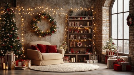 Fototapeta premium A cozy room adorned with a twinkling Christmas tree, a comfortable chair, and a festive wreath, radiating warmth and holiday cheer.