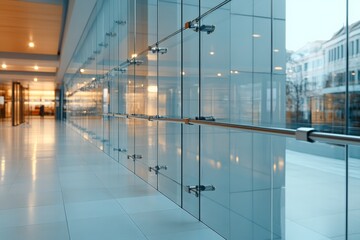 Obraz premium This modern glass corridor showcases elegant design elements and a sleek aesthetic, creating a visually appealing space ideal for high-end commercial interiors.