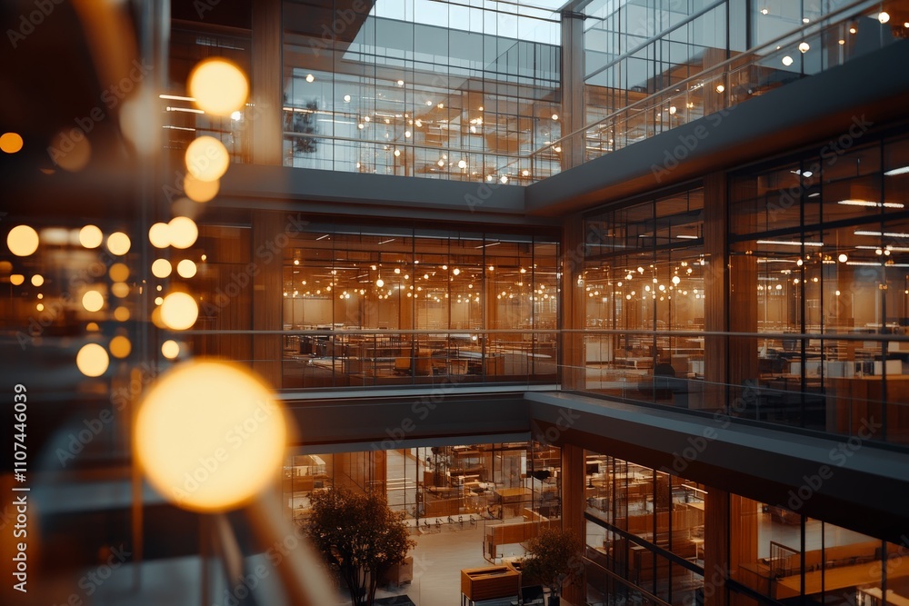 Aufkleber an open modern office interior is illuminated by ambient lights and large windows, creating a welcom