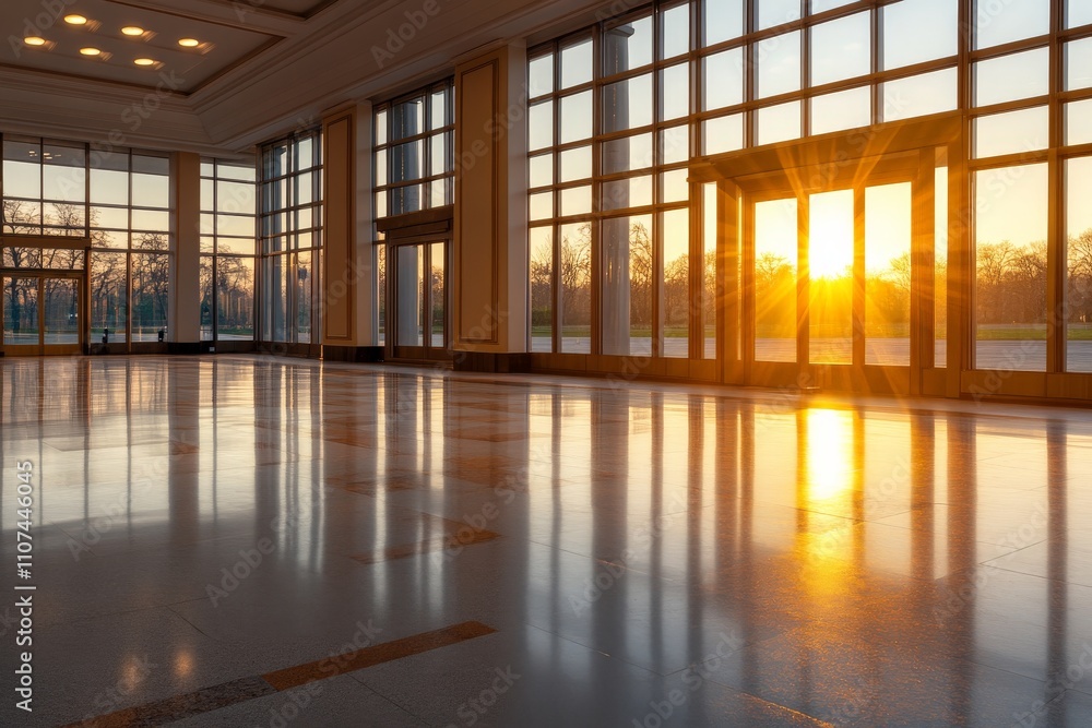 Poster this image captures a sunlit spacious room with large windows providing an unobstructed view of a st
