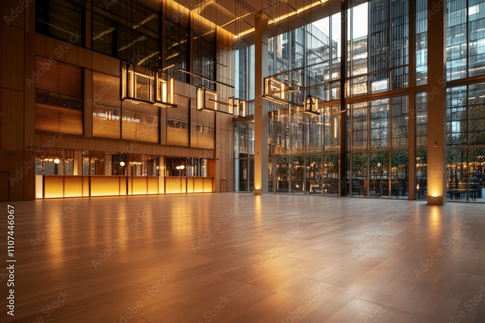 Poster a spacious, elegant minimalist area is filled with soft lighting and natural elements, creating a se