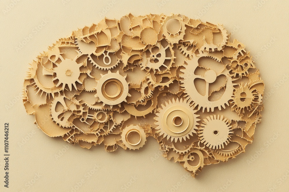 Poster intricate wooden gears forming brain shape representation of creativity, innovation, and thought pro