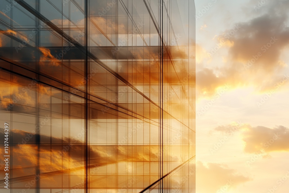 Poster this image captures a modern architectural structure reflecting a stunning sunset glow, showcasing t