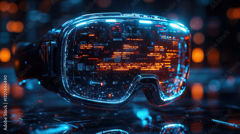 Poster innovative virtual reality headset showcasing futuristic technology and vibrant data display in a di