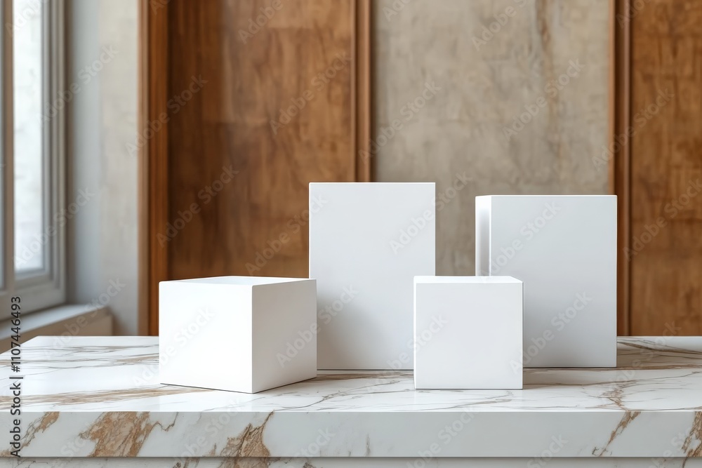 Aufkleber a set of four pristine white cubes arranged on a luxurious marble surface, emphasizing geometric sim