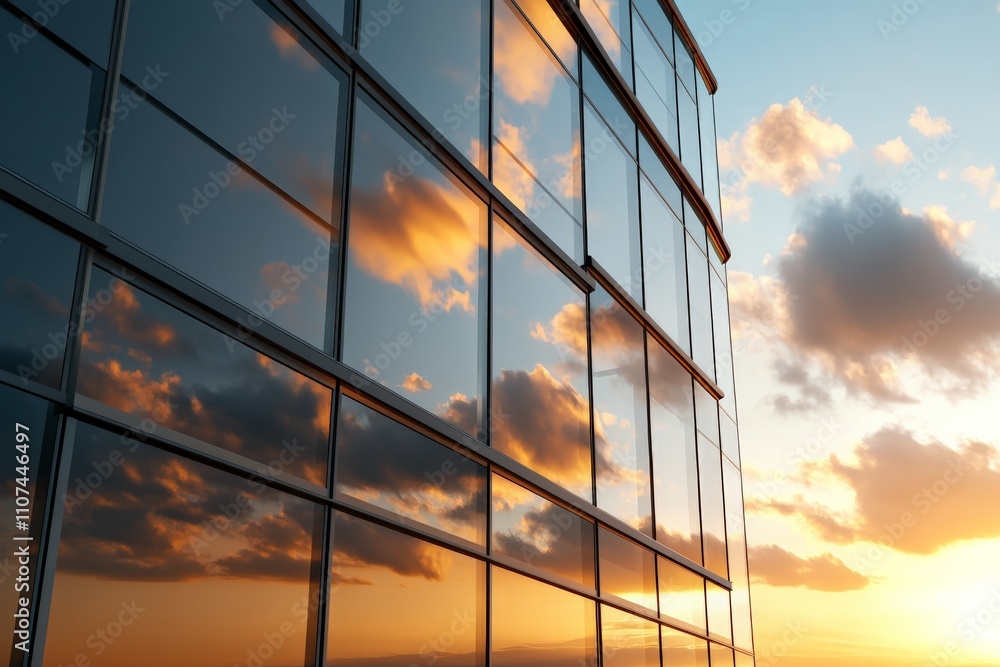 Aufkleber an artistic view of a contemporary glass building reflecting colorful clouds, emphasizing the harmon