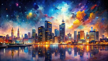 Obraz premium Dazzling double exposure showcases nighttime city life, blending vibrant colors and dynamic visuals in an AI-created oil painting, ideal for eye-catching clipart.