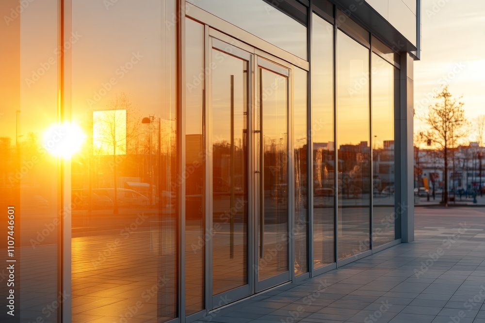 Aufkleber this image captures a sleek glass building reflecting the warm hues of a sunset, creating a beautifu