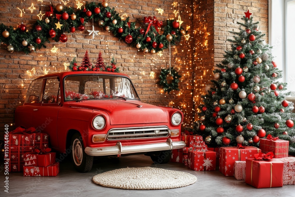 Wall mural A vibrant red car stands proudly in front of a beautifully decorated Christmas tree, sparkling with lights and ornaments, embodying festive cheer.