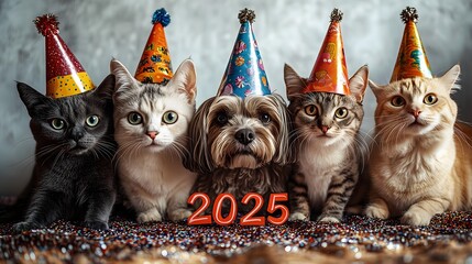 Cute dogs and cats celeberate 2025 Happy New Year ,Animal Party ,wear party hats, with "2025" written in a playful by fun font.
