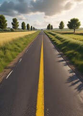Naklejka premium Country road with double yellow lines running through countryside, farm fields, Scenic road, picturesque