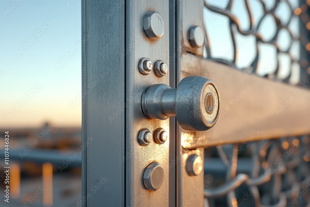 Poster a close-up view of a modern metallic gate showcasing intricate texture, featuring bolts and a round 