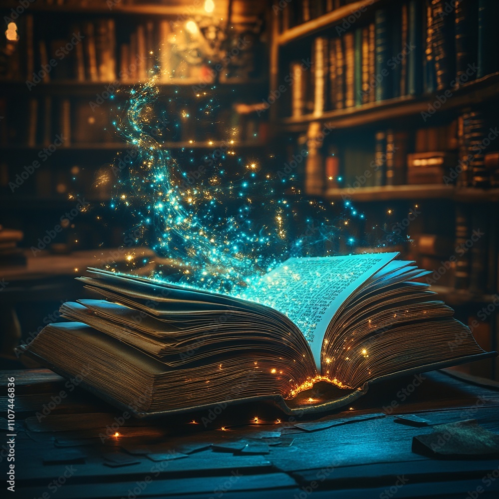 Poster this enchanting image showcases an open book with glowing pages, symbolizing the illumination of kno