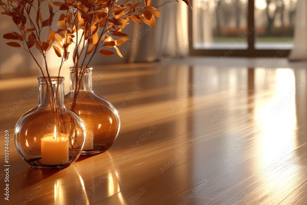 Poster two elegant glass vases containing leaves and a lit candle, illuminated by the warm sunlight, creati