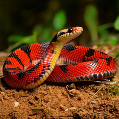 A coral snake in a defensive pose, its brightly colored red, yellow, and black bands gleaming under soft natural lighting, set against a sandy woodland background