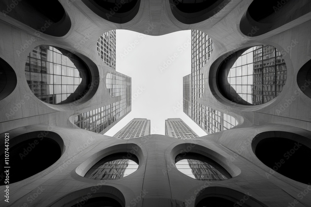 Poster a captivating image illustrating a unique architectural structure viewed from below, showcasing dist