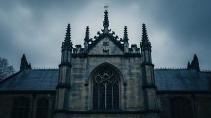 Majestic Gothic Architecture of a Historic Church Building in a Gloomy Urban Landscape Showcasing Intricate Details and Dramatic Skies