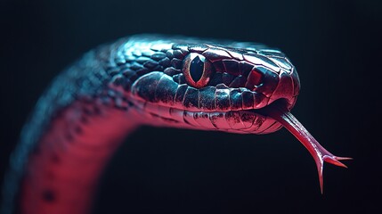 Fototapeta premium A close-up of a snake with a glossy texture and a flicking tongue in a dramatic lighting.