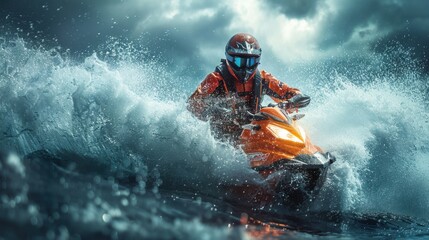 Surfer riding a wave on a jet ski in the ocean